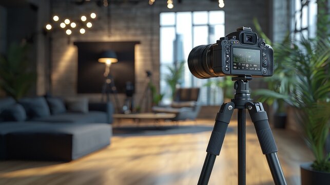 DSLR Camera on Tripod in Modern Living Room