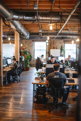 Fototapeta premium An open-plan, modern office with wooden floors and ceilings, with young people at their desks. Modern coworking space