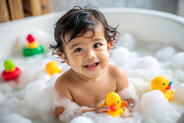 A baby Asian boy playing in a bathtub with her rubber duck and a sponge