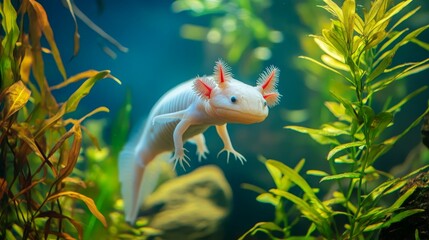 An axolotl swimming among aquatic plants in a vibrant underwater scene.