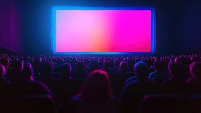A vibrant cinema scene showcasing an audience captivated by a colorful screen, perfect for film and entertainment themes.