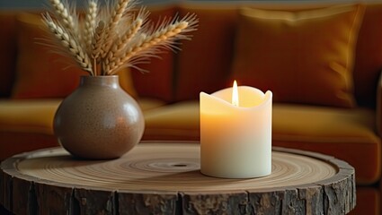 Burn Canle on Wooen Table with Drie Wheat in Vase