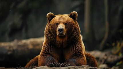 Fototapeta premium A brown bear cub peeks through the vegetation in a forested area.