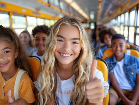 A young girl smiles and gives a thumbs up while riding on a bus. AI.