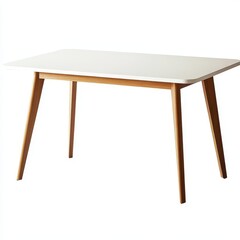 A modern wooden table with a white top, suitable for dining or workspace use.