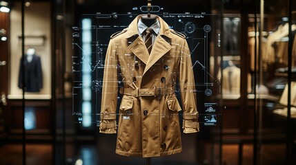 Naklejka premium Trench Coat on Mannequin with Digital Display in Store Window