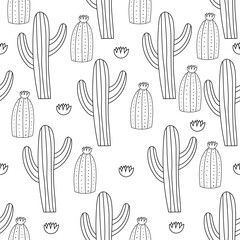 cactus and flower line art seamless pattern illustration