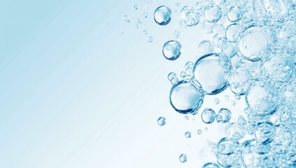 Effervescent fizz and clean cosmetics hygiene or rejuvenate renewable energy. Studio shot of transparent cosmetic blue gas bubbles under water in full-frame macro close up with selective focus blur.
