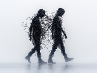 Fototapeta premium Abstract representation of tangled emotions through silhouettes walking, symbolizing struggle and connection.