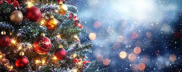 Festive Christmas tree with radiant baubles, soft focus shiny lights, magical holiday atmosphere, elegant stock image