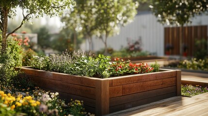 Obraz premium A wooden box with plants in it. The plants are green and there are some flowers in the background