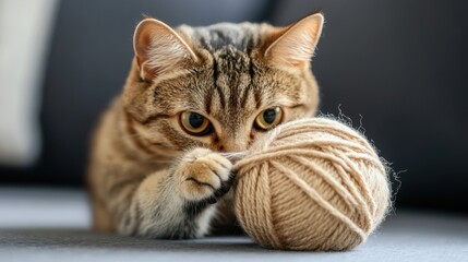 Fototapeta premium A cat playfully batting at a ball of yarn, with its claws catching the thread. 