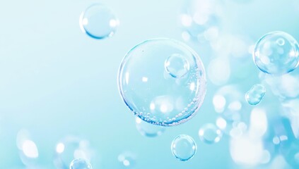 Effervescent fizz and clean cosmetics hygiene or rejuvenate renewable energy. Studio shot of transparent cosmetic blue gas bubbles under water in full-frame macro close up with selective focus blur.