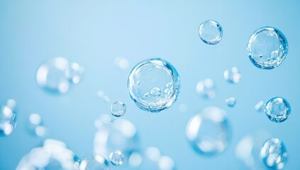 Effervescent fizz and clean cosmetics hygiene or rejuvenate renewable energy. Studio shot of transparent cosmetic blue gas bubbles under water in full-frame macro close up with selective focus blur.