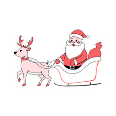 A cute vector illustration of Santa Claus in a sleigh pulled by a reindeer, perfect for Christmas and holiday-themed content.