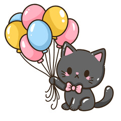 A kawaii hand drawn illustration birthday greeting card invitation ready to print a black cat holding a bunch of colorful balloons