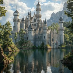 Obraz premium Majestic Stone Castle Reflecting on Tranquil Lake with Mountain View