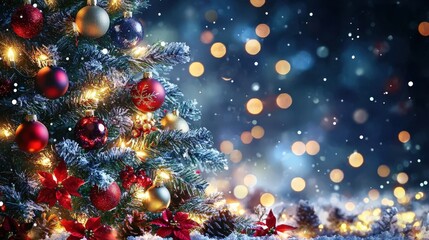 Glistening Christmas tree with exquisite baubles, blurred and glowing lights, holiday magic captured, high-resolution festive photo