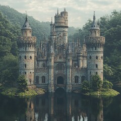 Majestic Stone Castle on a Misty Lake with Lush Green Trees