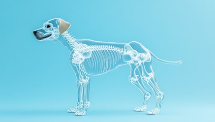 The dog skeleton is made of glass, standing on a blue background, with clear edges and a high-definition illustration style.