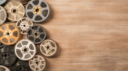 Fototapeta premium Close-up of various gears and cogs on a wooden background, showcasing industrial design and mechanical elements.