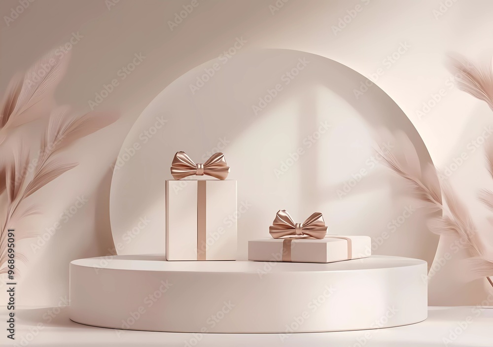 Poster minimal abstract background for product presentation, a round podium with gift boxes and a bow in a 