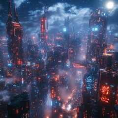 Futuristic Cityscape at Night with Neon Lights and Moon