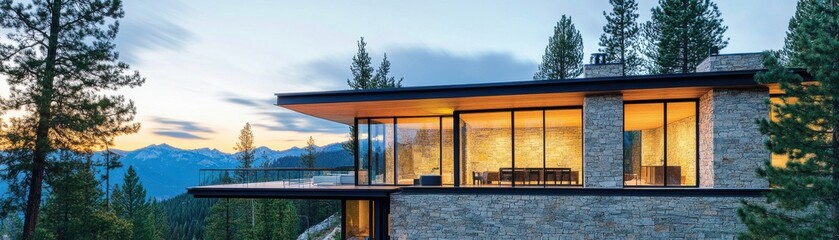 Fototapeta premium Contemporary house design surrounded by nature, featuring large windows and stunning mountain views at sunset.