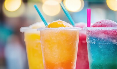 Colorful slushie drinks in a row, vibrant lighting, shallow depth of field 