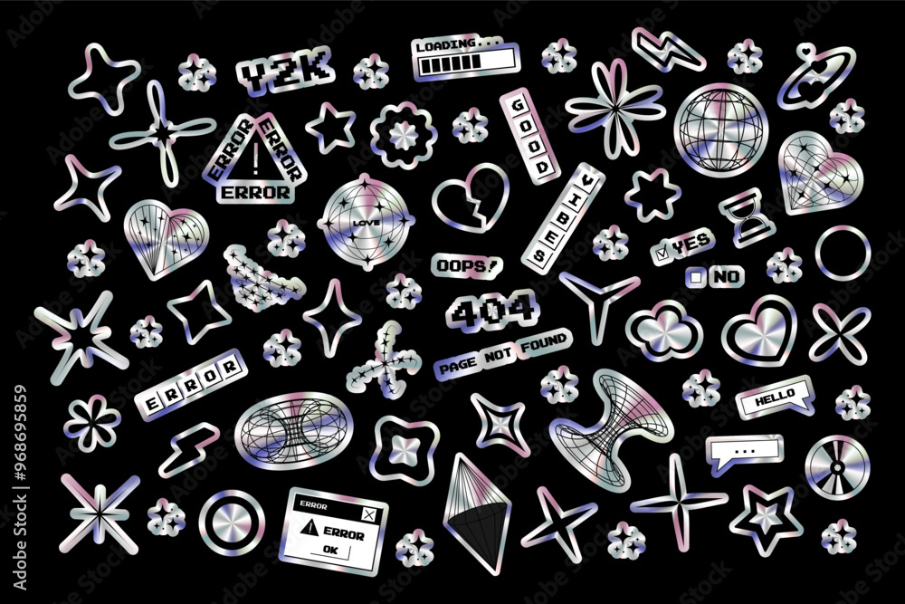 Fototapete big set of holographic stickers in y2k style. vector design elements for advertising materials, soci