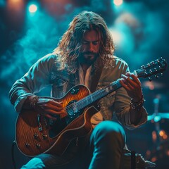 Obraz premium Guitarist Performing on Stage Under Blue Lights