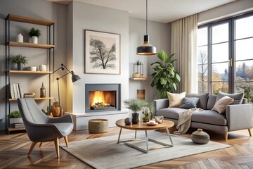 Scandinavian interior design of modern living room, home with fireplace and big poster frame