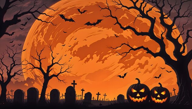 halloween background with pumpkins, graveyard backdrop