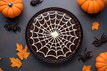 Chocolate tart with spider web design and spider decoration on black background. Concept of Halloween dessert
