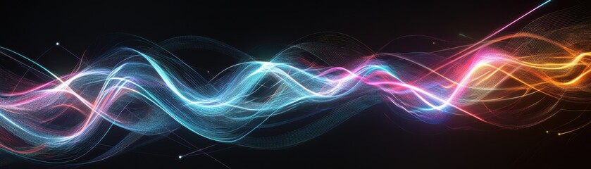 Dynamic light waves in vibrant colors create a captivating abstract background, perfect for technology and design themes.