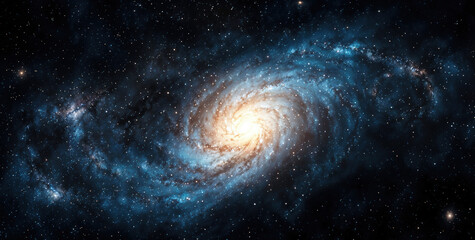 Fototapeta premium Spiral galaxy is glowing with a bright center in cosmic background. High quality photo