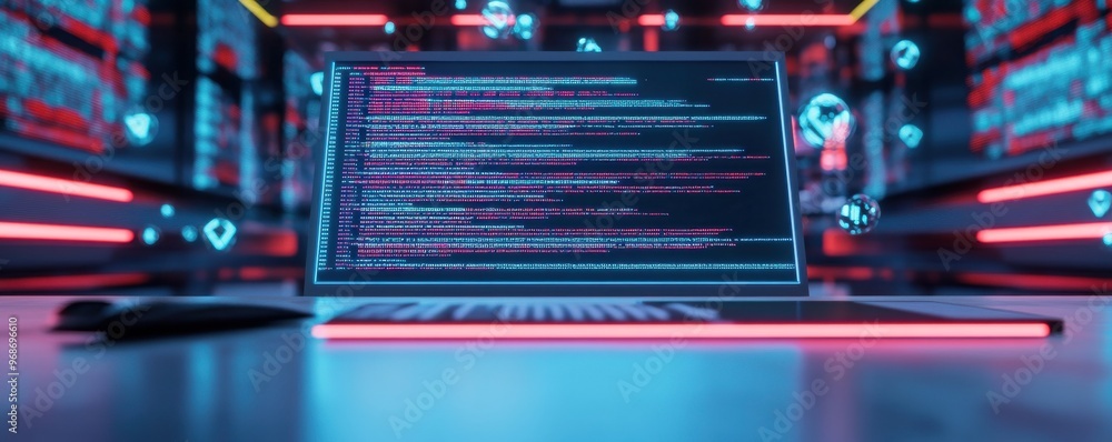 Poster futuristic laptop displaying vibrant code on screen, surrounded by a digital backdrop of neon lights