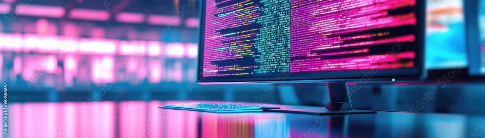 Poster futuristic workspace with a vibrant monitor displaying digital code in neon colors, perfect for tech
