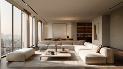 Fototapeta premium A contemporary living room with a large sectional sofa in a neutral color, a sleek glass coffee table, and a minimalist media console. 