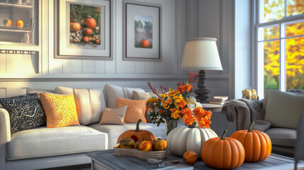 Cozy living room adorned with fall decor, including pumpkins, seasonal flowers, and warm lighting.