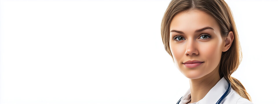 Confident female doctor of Caucasian descent with a warm smile and stethoscope, set against a bright, white background. - Powered by Adobe