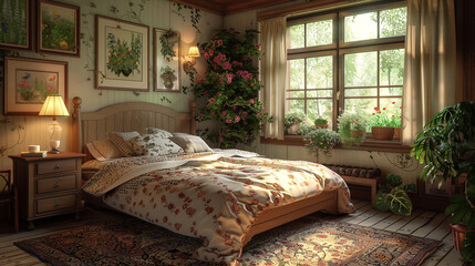 A cozy cottage-style bedroom with a wooden bed frame, floral-patterned bedding, and vintage-inspired decor. 