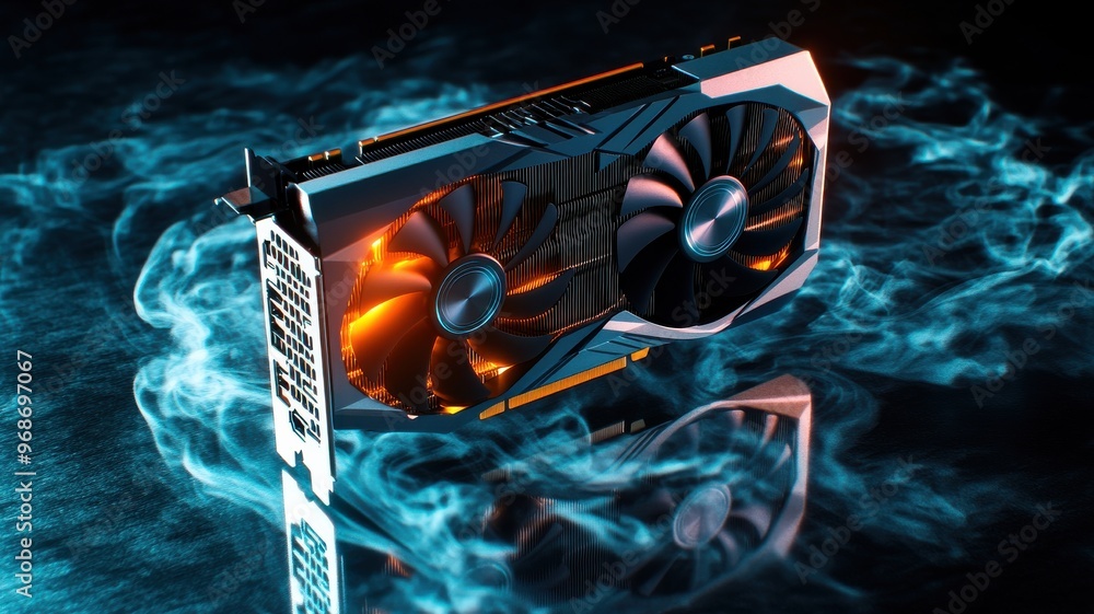 Poster high-performance graphics card with sleek design, highlighted by dynamic lighting effects in a drama