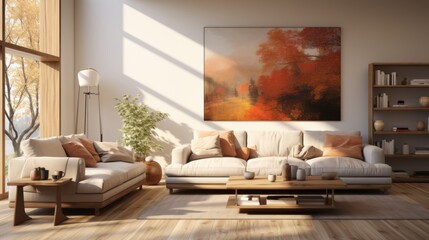A modern minimalist interior design of a comfortable living room. Warm lighting creates a relaxing feeling while relaxing at home.