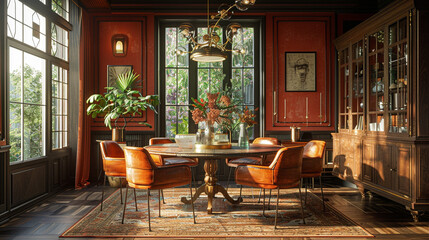 A cozy mid-century modern dining room with a round wooden dining table, leather upholstered chairs, and a brass chandelier. The room has soft, creating a vibrant atmosphere.