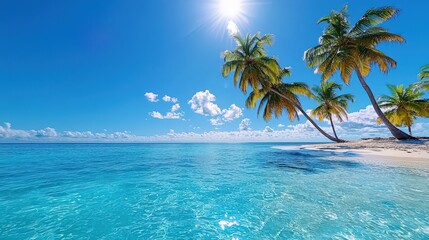 A stunning tropical beach scene featuring vibrant palm trees, clear blue water, and a bright sun shining in a clear sky.