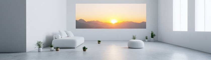 Fototapeta premium Modern interior with a soothing sunset view, enhancing tranquility and elegance in a minimalist living space.