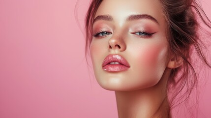 Fototapeta premium High-quality makeup tutorial, glossy stock photo, elegant and radiant beauty soft pastel color background with clean copyspace