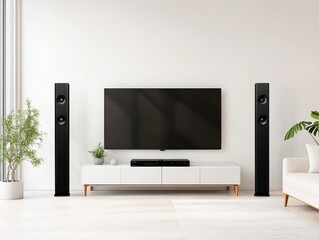 Fototapeta premium Modern living room with a sleek television setup and stylish speakers, showcasing minimalist decor and natural light.