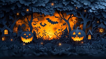 3D hallowween pumpkin Use black paper to cut out detailed silhouettes of classic Halloween symbols like jack-o'-lanterns, witches, bats, ghosts, and skeleton